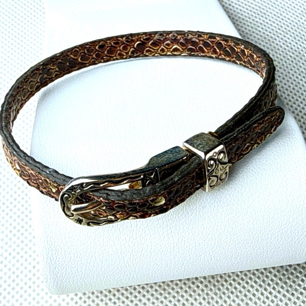 Faux Snakeskin Belt Bracelet‎ Brown Silver Tone Hardware Western Boho Bangle